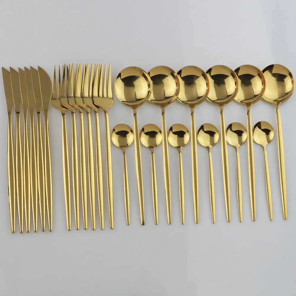 Conjunto de talheres de mesa dourados, 24 peças, aço inoxidável, garfo, faca, colher, talheres, caixa de presente 210317_voghion.com