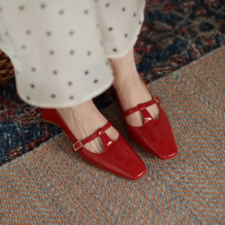 Shoes Spring/Autumn Patent Leather Solid Color T-shaped Buckle Pumps Square Toe Chunky Heel Versatile Mary Jane For_voghion.com