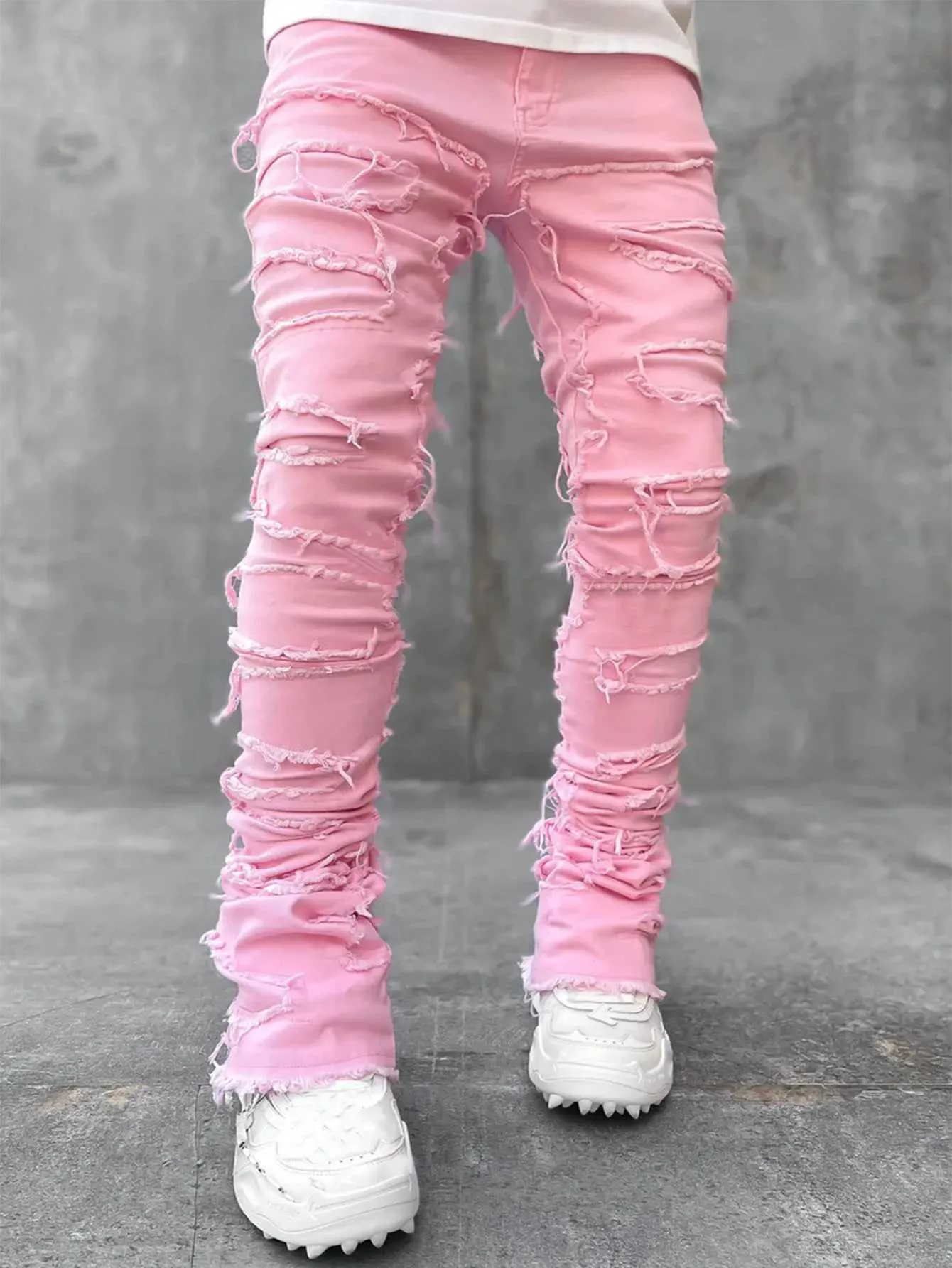 Jeans aderenti aderenti da uomo con frange hip-hop R Edge elastici e toppe punk rock lunghi e attillati, pantaloni in denim blu rosa_voghion.com