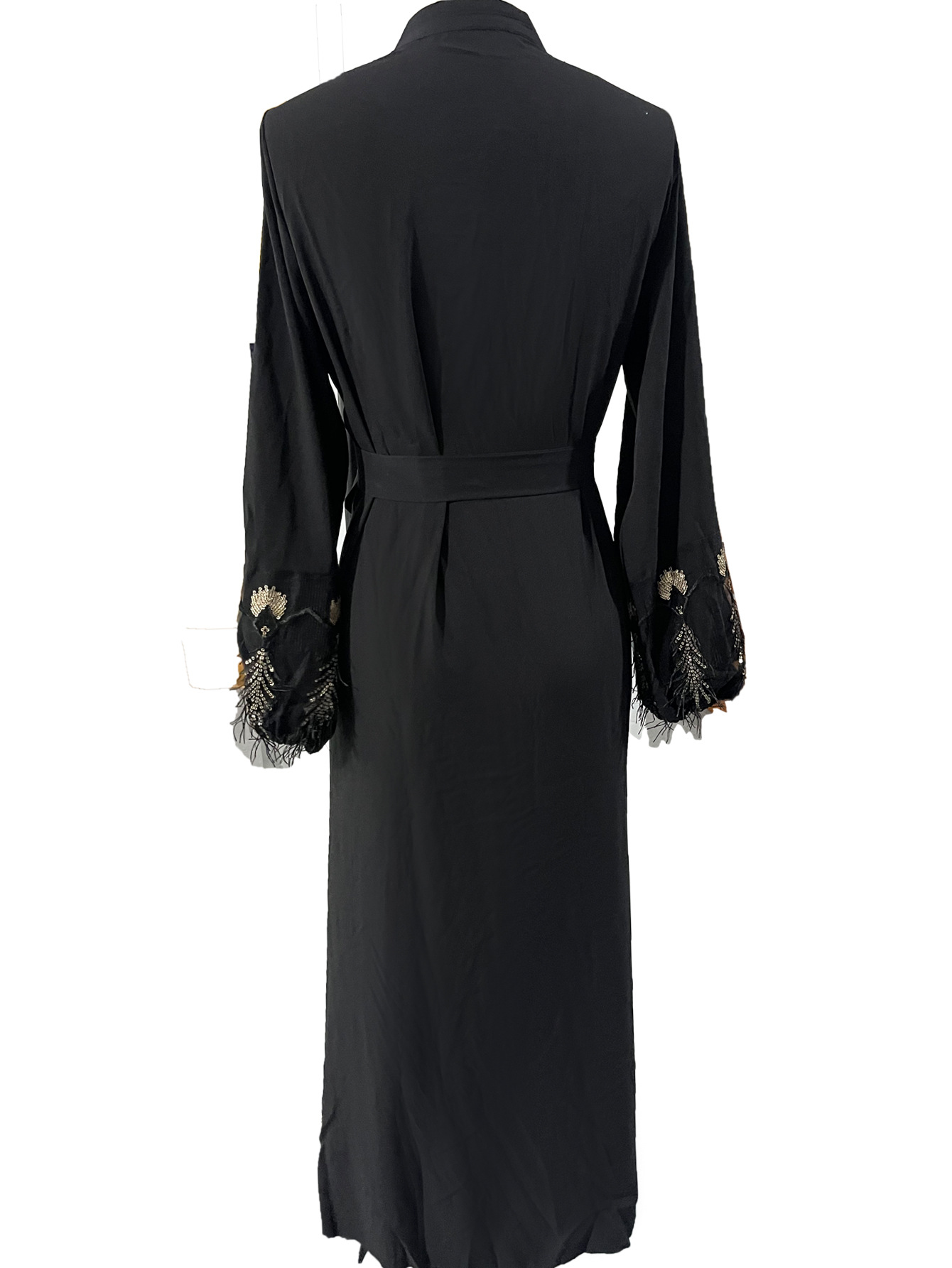 Ensemble deux pièces pour femme, robe de soirée noire et dorée avec broderie de plumes de phénix et paillettes_voghion.com