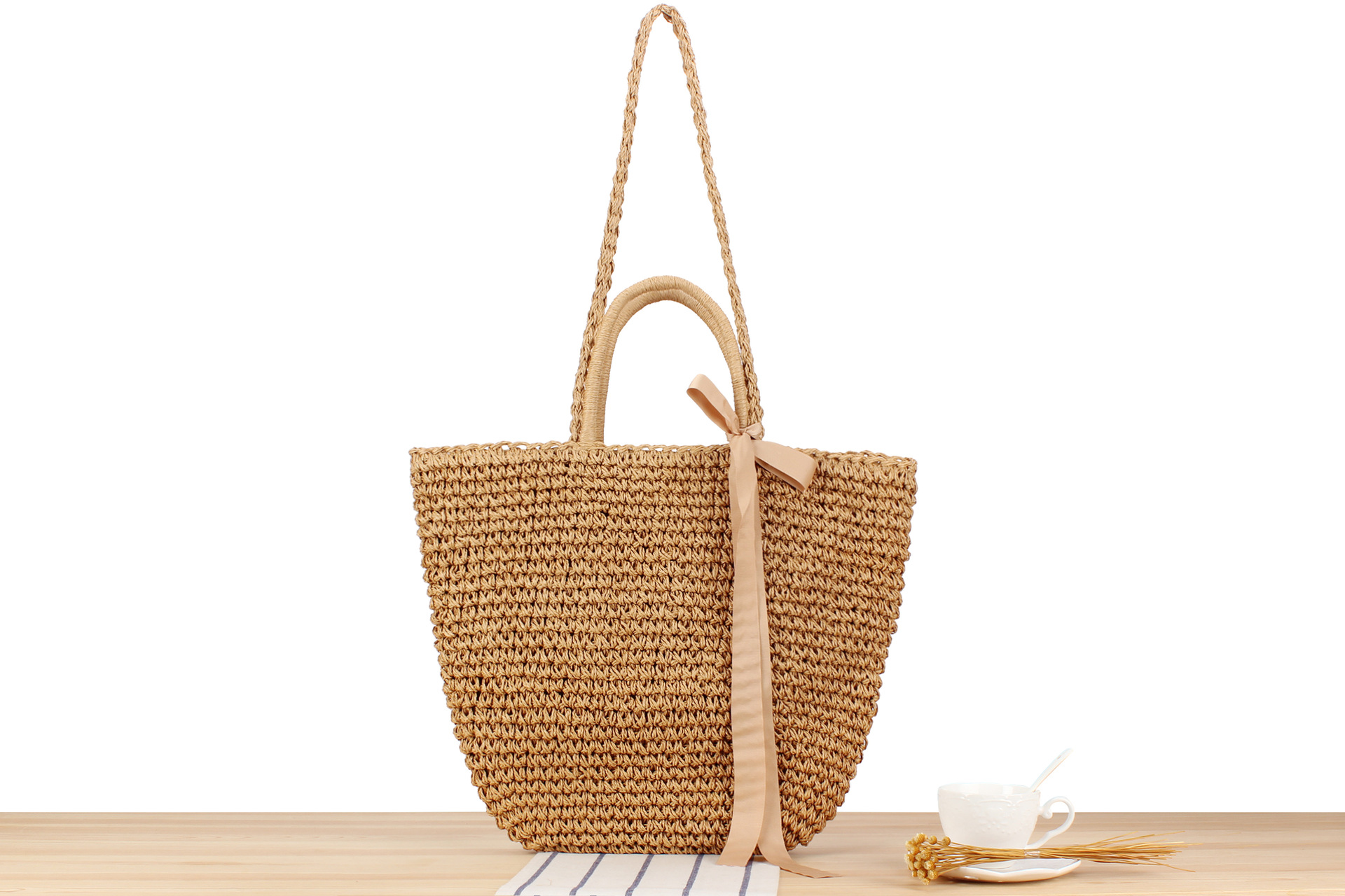 Borsa da spiaggia in stile pastorale con tracolla singola in paglia da donna_voghion.com