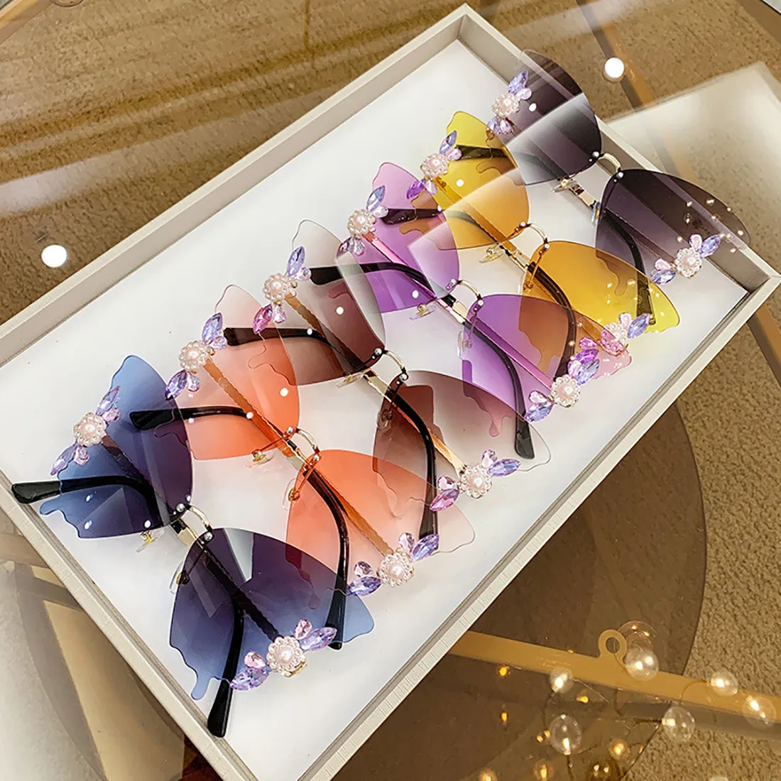 Designer Schmetterling Sonnenbrille Randlos Für Damen Gradient_voghion.com