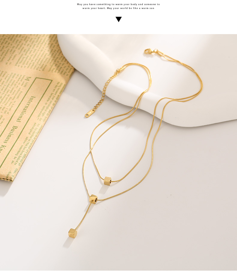 Gold Double-layer Layered Fashionable Small Square Pendant Necklace For Women With Minimalist Temperament, Collarbone_voghion.com
