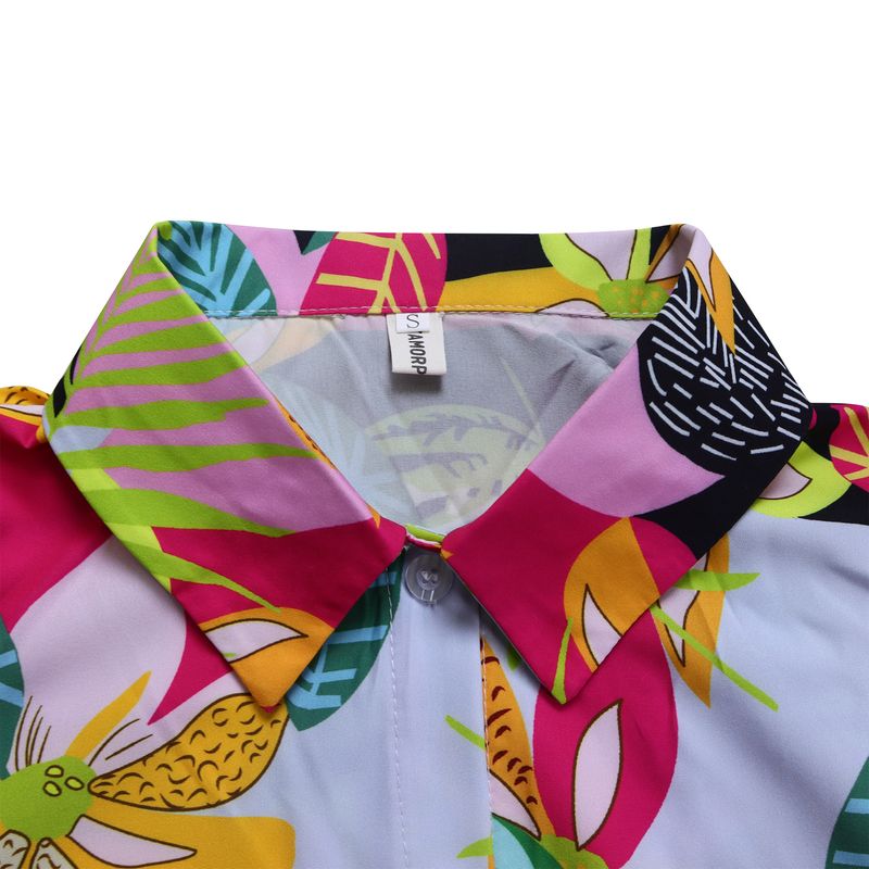 Women's Fashion Print Two-piece Lapel Tie Shirt Wide Leg Pants Suit_voghion.com
