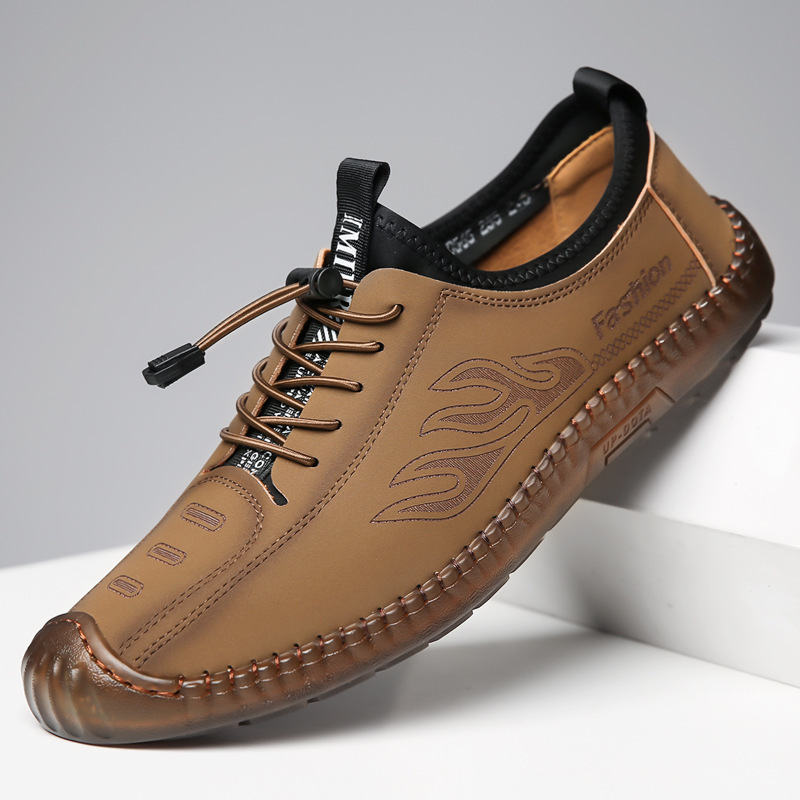 Men's casual leather comfortable to step on, lazy bean shoes, fashionable lace up, sole, soft top men's shoes_voghion.com