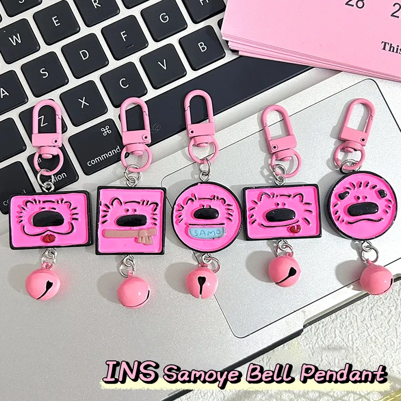 Cute Pink Samoyed Puppy Series Keychain Animal Bell Pet Memorial Keyring Dog Pendant Backpack Charms Car Bag Decor Kids_voghion.com