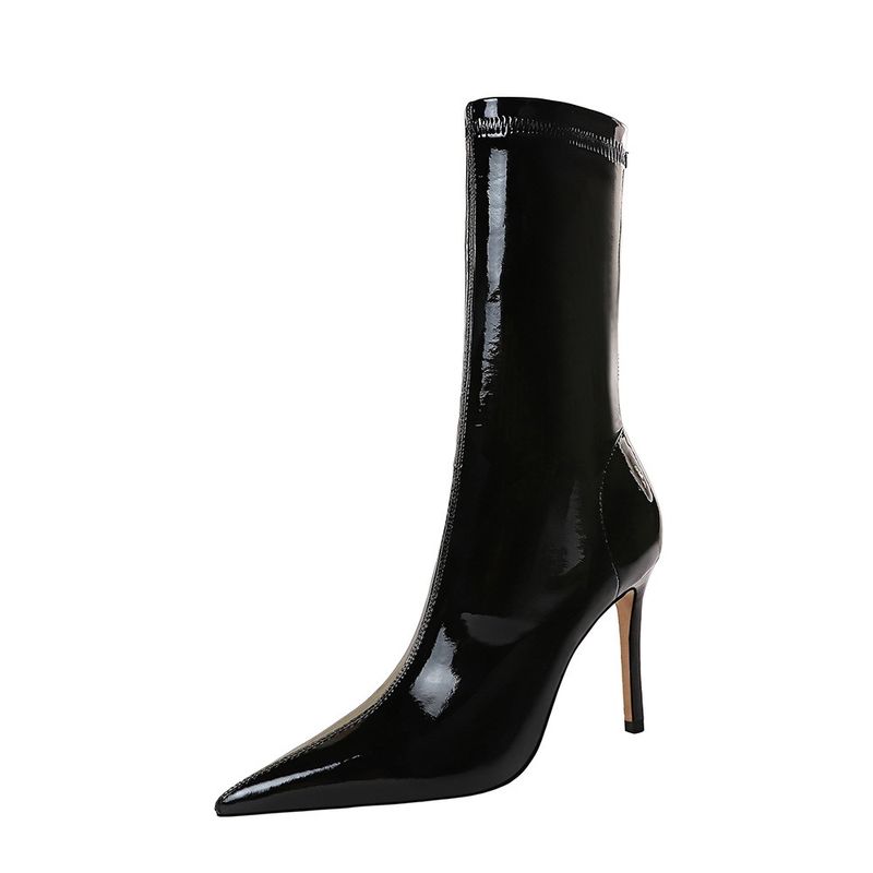 315 13 Fashion Sexy Nightclub Shiny Lacquer Leather Elastic Show Thin Pointed Short Winter Slim Boots_voghion.com