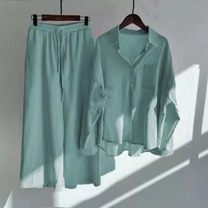 Women's cotton and linen shirt suit large size elastic waist loose casual pants