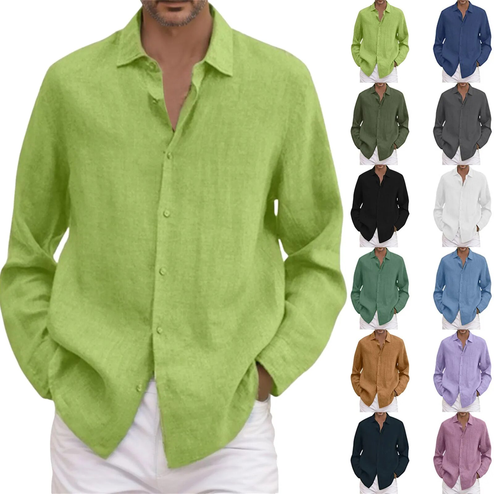 Einfarbig Casual Herren Hemd Umlegekragen Langarm Hemden Herren Frühling Herbst Bluse Männlich Dünn Atmungsaktiv Locker_voghion.com