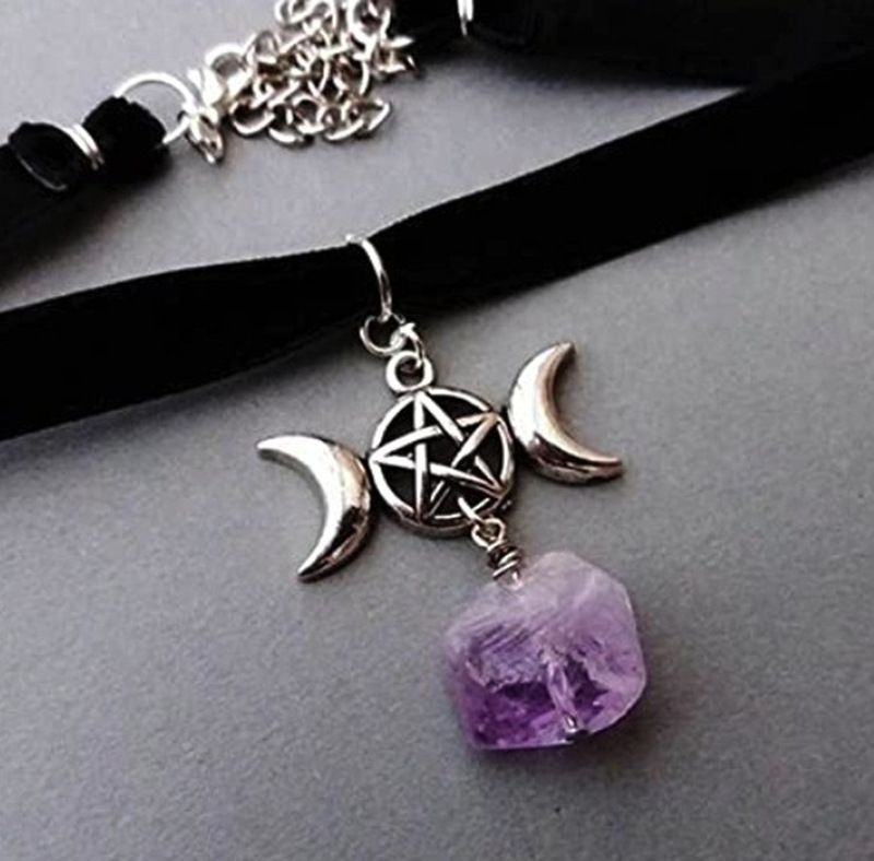 Necklaces Gothic double moon five-pointed star purple crystal pendant velvet necklace_voghion.com