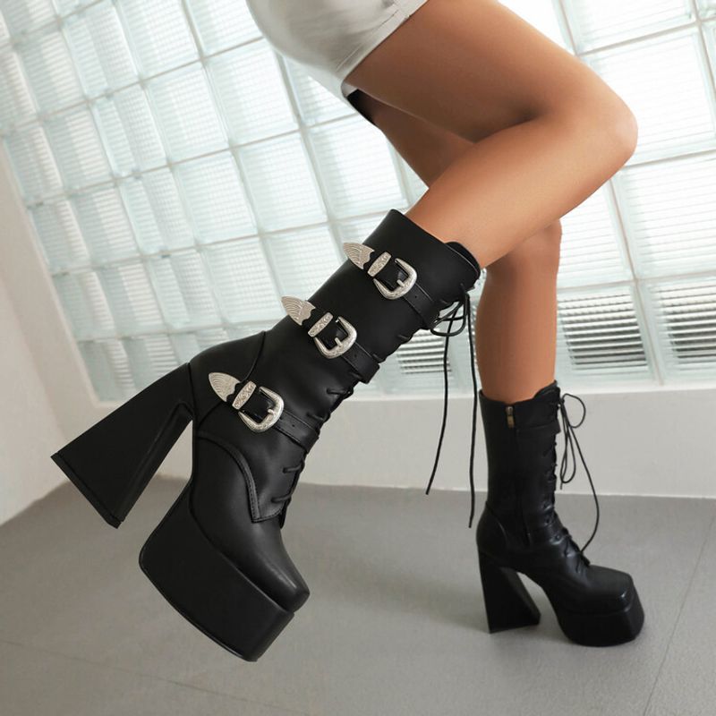 Damenstiefel mit hohen Absätzen und mittelhohen Absätzen im Punk-Street-Stil mit quadratischen Metallverschlüssen_voghion.com
