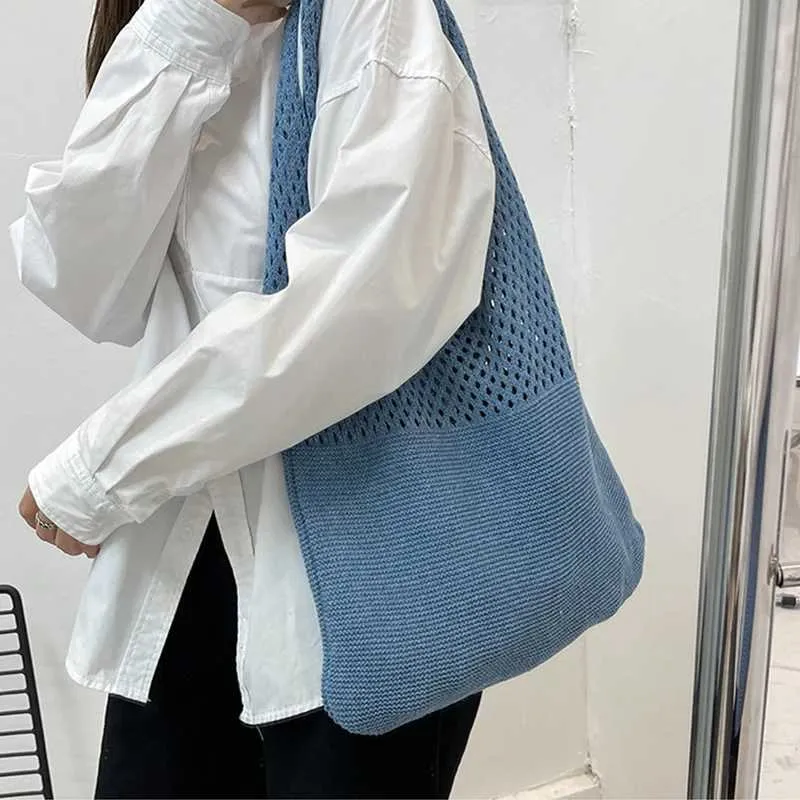 Gebreide tote tas dames retro schoudertas voor strand en zomer_voghion.com