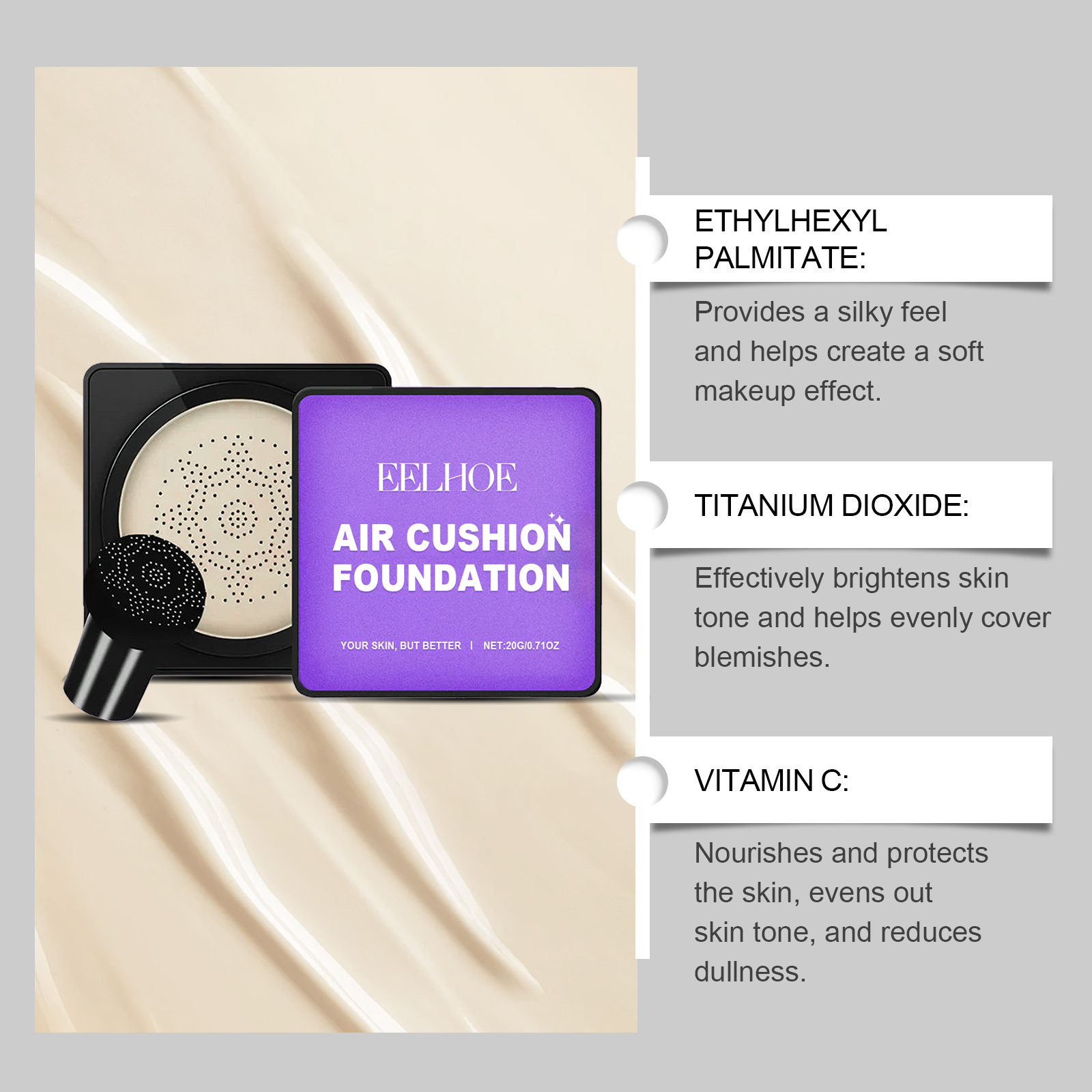 EELHOE Mushroom Cushion Foundation Hydratační plné krytí Nekomedogenní Lehká přírodní úprava Snadná aplikace_voghion.com