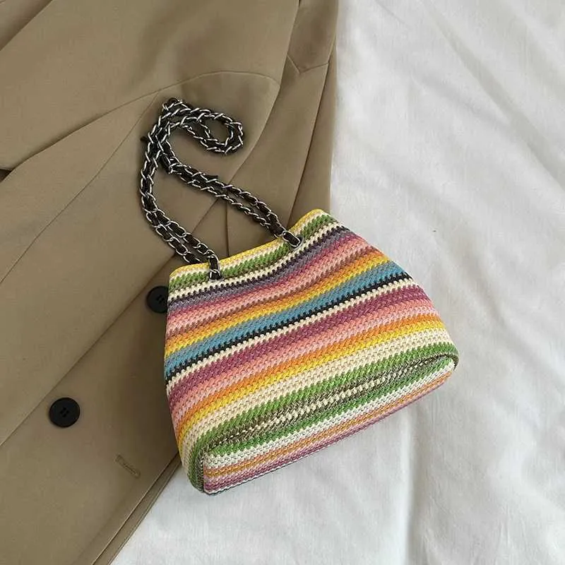 Borsa a secchiello color arcobaleno da donna, con catena a strisce a contrasto, borsa a tracolla, grande capacità, casual, intrecciata da donna_voghion.com