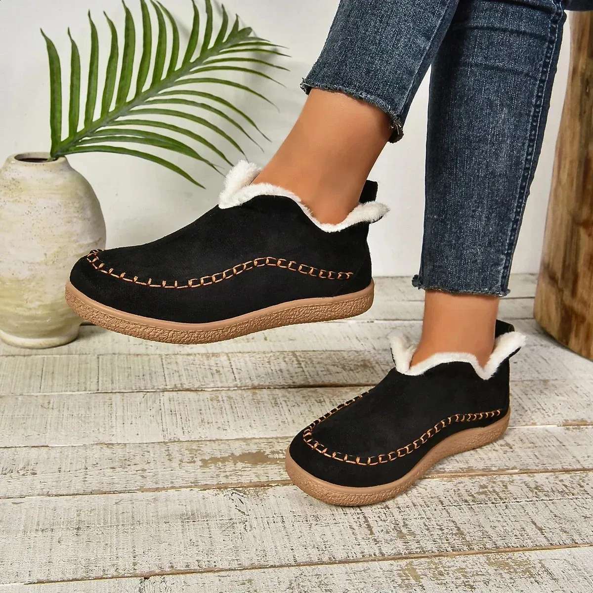 selg long sleeved womens winter round toe plush warm solid flat casual comfortable snow boots 240904_voghion.com