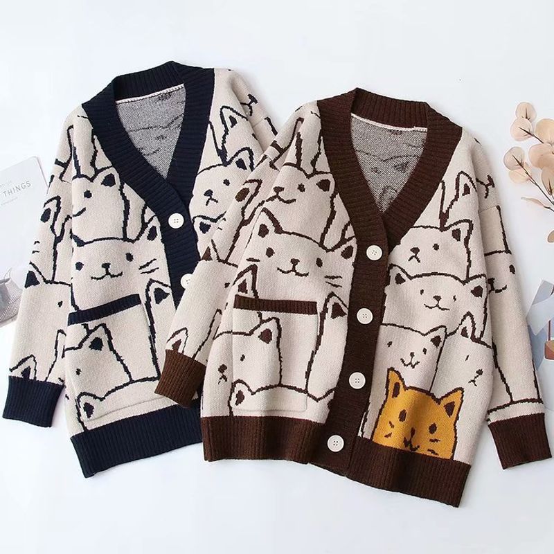 Women's Clothing Knitted cardigan jacket women's knitted new bear jacquard loose lazy style sweater_voghion.com