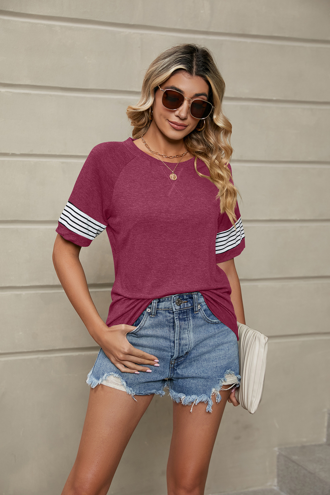 Women's Clothing Stripe Splice Loose Round Neck Short Sleeve T-shirt Tops_voghion.com