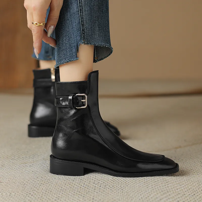2024 New Autumn Square Toe Low Heel Women Shoes Genuine Brown Ankle Block Retro Leather Boots 3d39_voghion.com