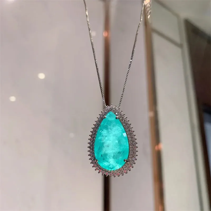 QXTC Vintage Paraiba Tormalina Gemstone Lab Diamanti Collana Orecchini Ciondoli Nozze Festa Pregiata Set di Gioielli_voghion.com
