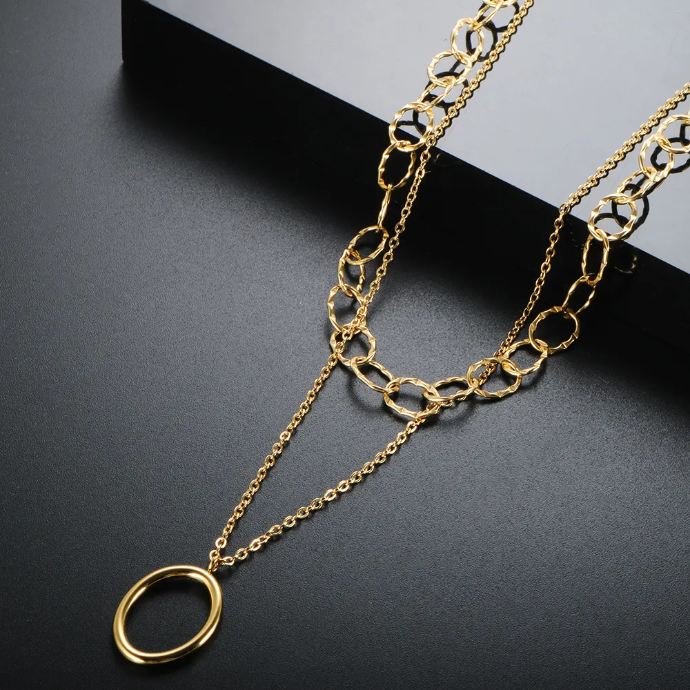 Collane con ciondolo Semplice ovale Multi strato Collana per donna Uomo Acciaio inossidabile Catena a maglie Choker Hip Hop Trendy_voghion.com