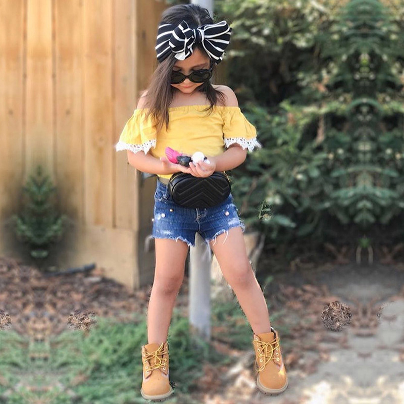 Mamma e bambini Abbigliamento per bambini Consegna di un pezzo 2024 Abiti estivi per ragazze Top alla moda con spalle scoperte Pantaloncini in denim Completo a due pezzi_voghion.com