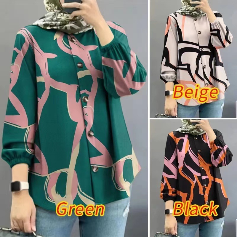 Women's Muslim Geometric Pattern Fashion Puff Sleeve Shirt