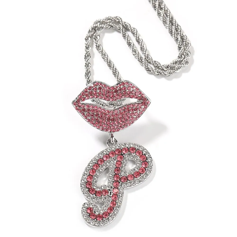 Collier avec pendentif en forme de lettre A-Z et fermoir à lèvres style hip-hop en alliage plaqué or et zircon_voghion.com