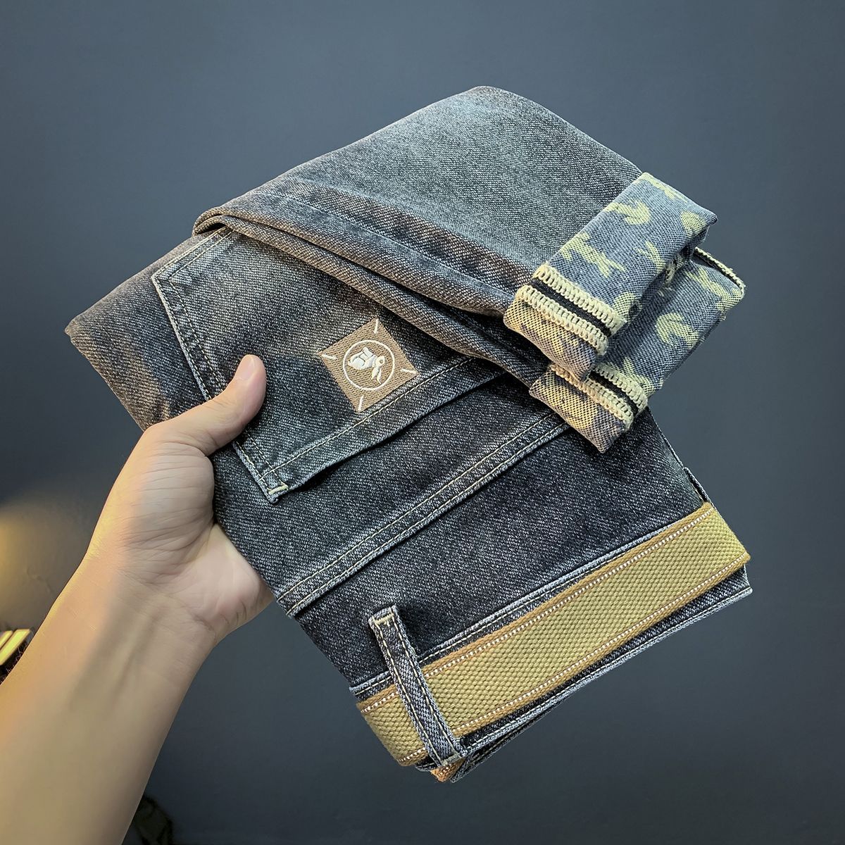 Men's Quality Jeans Men's New Style Trendy Brand Embroidery Elastic Slim Fit Slim-Fitting Printed Trousers