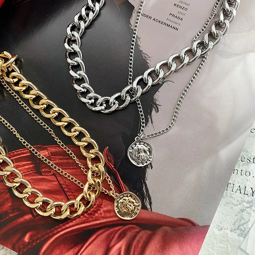 Chains FSUNION Fashion Vintage Multi-layer Coin Chain Choker Necklace For Women Portrait Chunky Necklaces 2024 Jewelry_voghion.com