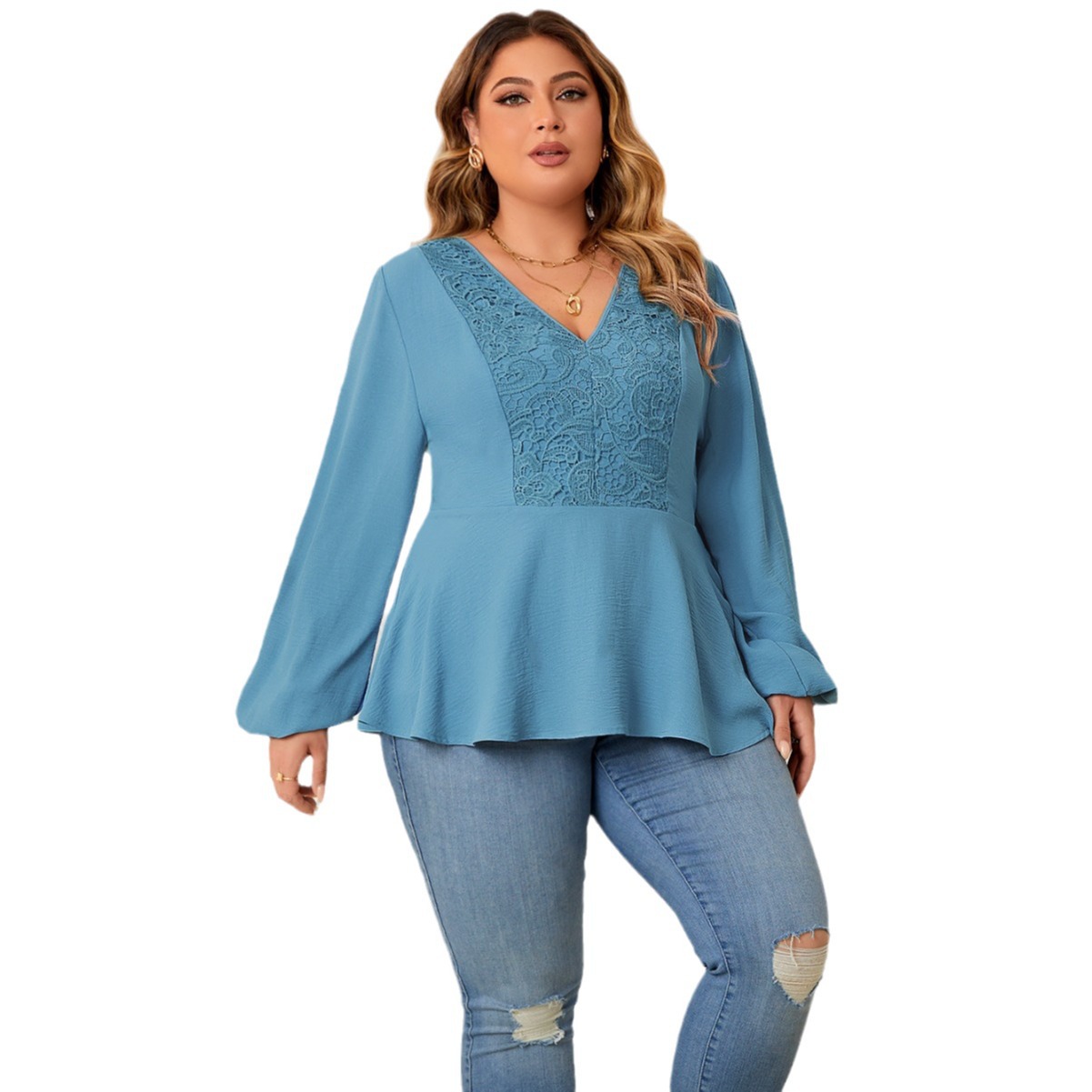 loose plus size tops women's long-sleeved V-neck shirt large size lace shirt women_voghion.com