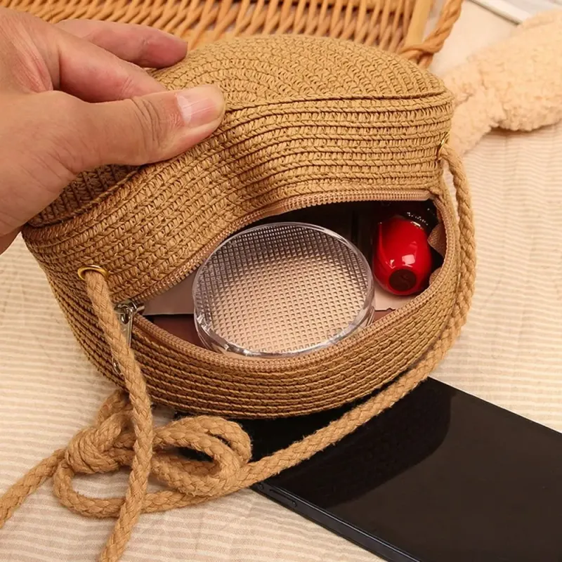 Runde Umhängetasche Stroh für Damen, gewebte Strandtasche aus Rattan, handgefertigt, gestrickt, kleine Handtasche in_voghion.com