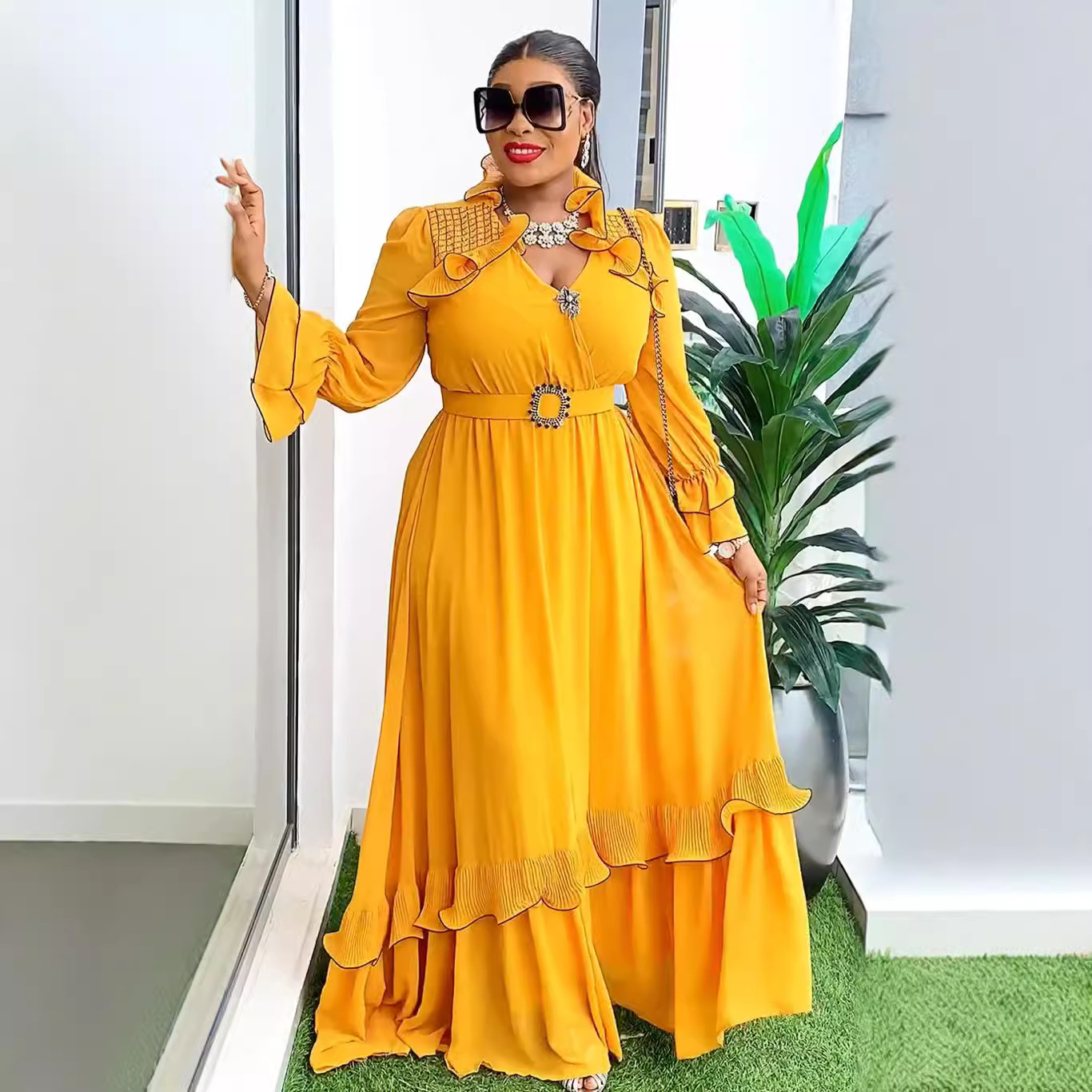 Women's Clothing plus size women's clothing solid color long skirt new style wood ear edge chiffon dress