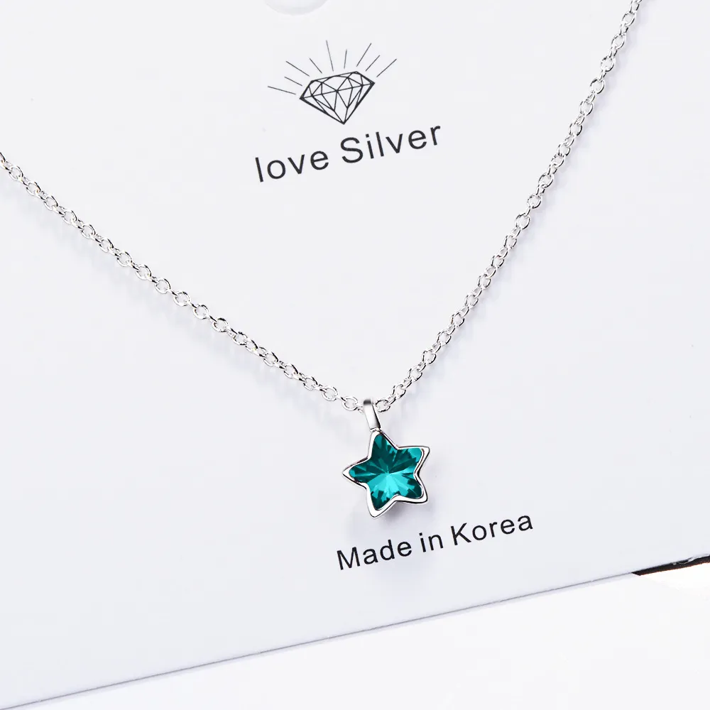 Ankunft Sterling Silber Mode Blau Kristall Stern Damen Ketten Halsketten Frauen Mädchen Schmuck Kurze Kette Geschenk Kein Verblassen_voghion.com