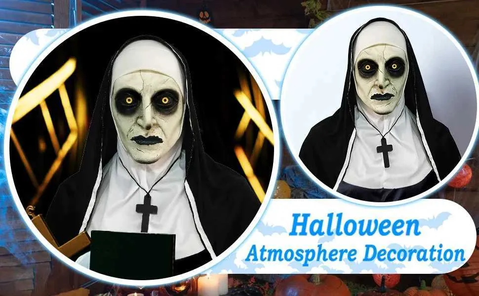 Läskig latexmask med korshalsband och huvudbonad Halloweenfest maskerad nunnadräkttillbehör Y240829_voghion.com