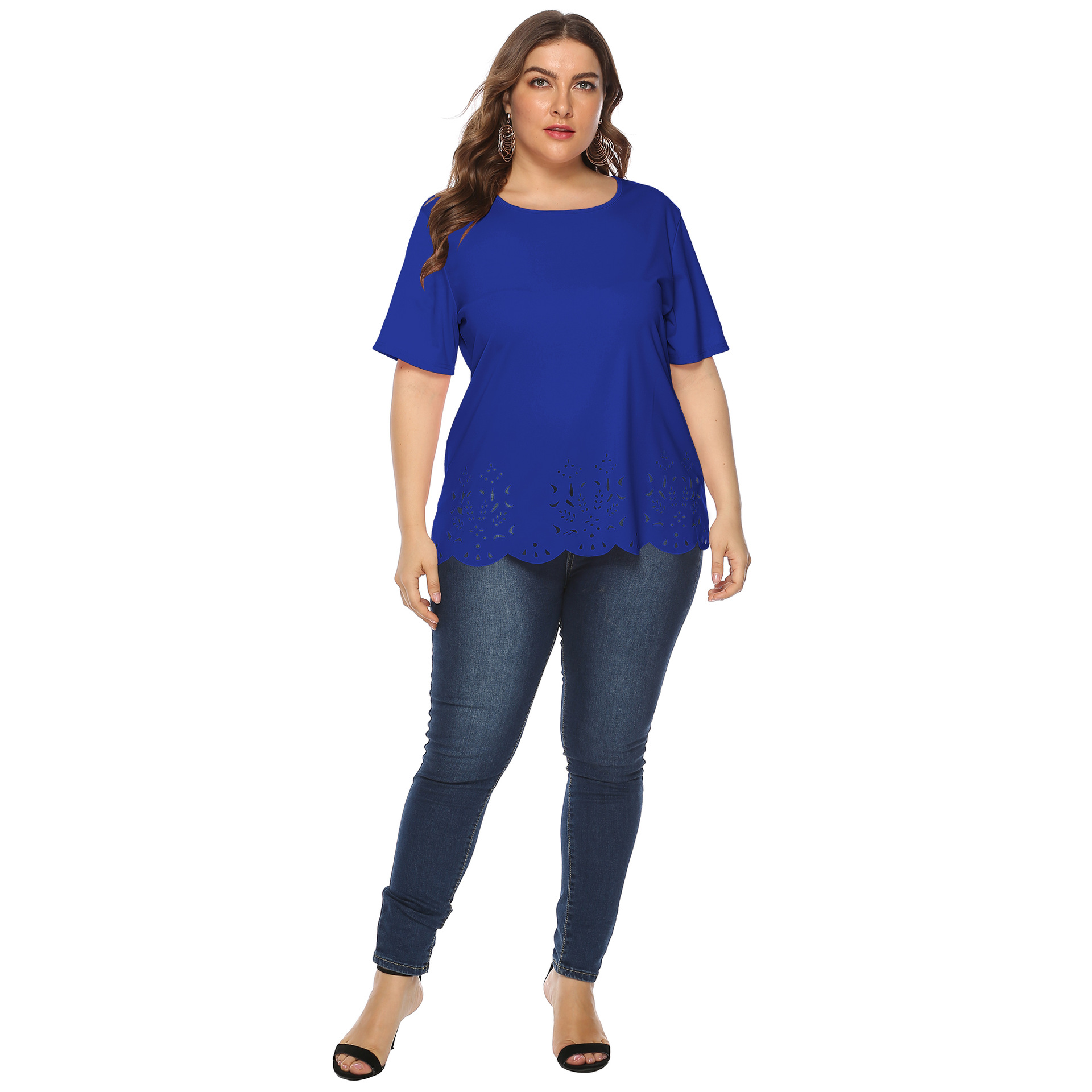 Women's tops large size women's clothing solid color burnt flower hollow wave edge casual short-sleeved T-shirt_voghion.com