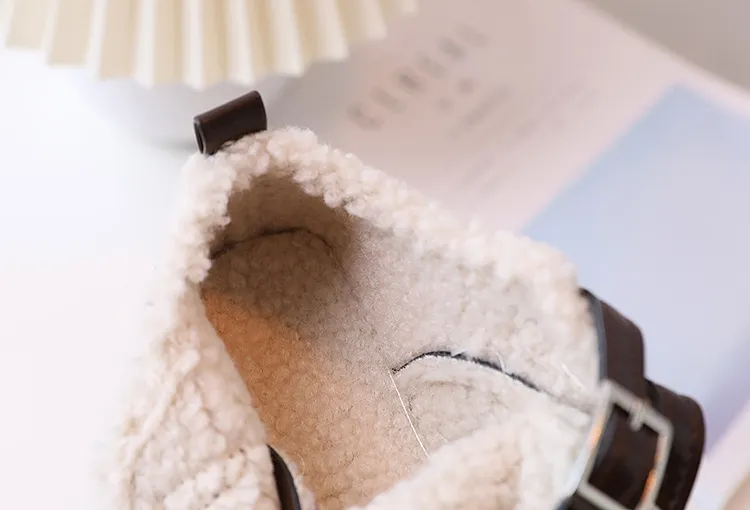 Children Leather Loafers For Boys Girls Winter Thick Soled Lamb Wool Warm Girl Uniform Princess School Cotton Shoes_voghion.com