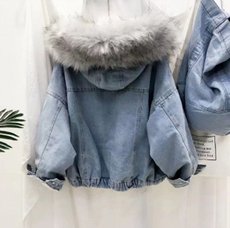 Vêtements pour femmes, hauts en jean à col en fourrure épaisse, vestes courtes amples en coton pelucheux pour femmes_voghion.com