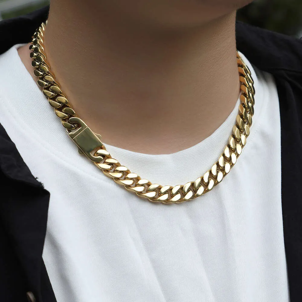Collana con catena a maglie cubane in argento sterling dorato Hip Hop da 8-12 mm di larghezza per uomo, fibbia a molla liscia_voghion.com