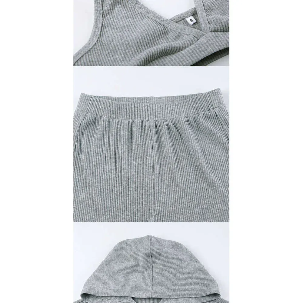 ALL121 Yoga Topp Sweatshorts Hettegenser Tre stk sett Dame Sport Dress Strikket Glidelås Hette Cardigan Sweatshirt Vneck_voghion.com