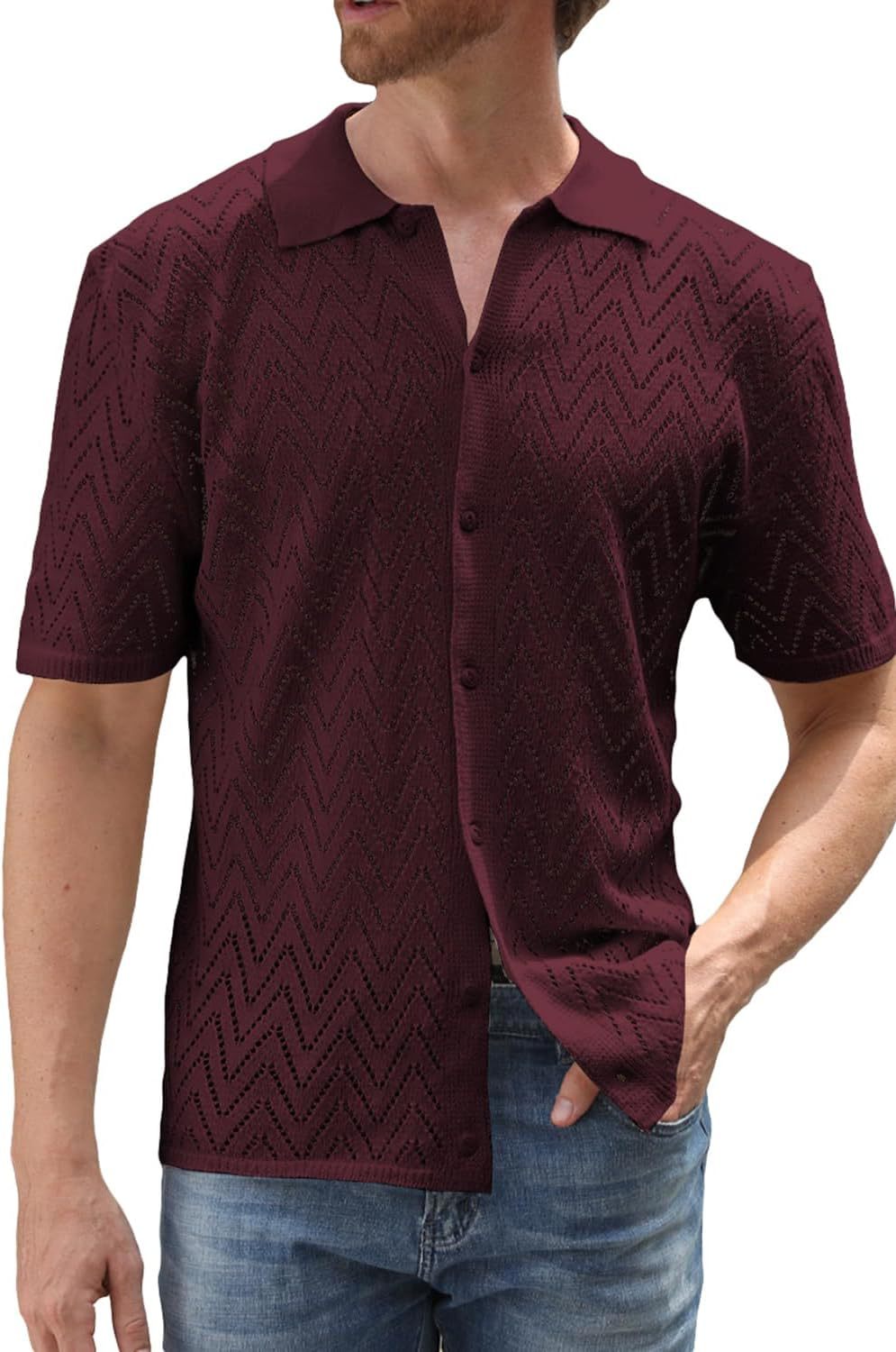 Ropa de hombre Camisa de punto informal para hombre Camisa de manga corta para hombre Cárdigan de color liso Tops calados Ropa de hombre_voghion.com