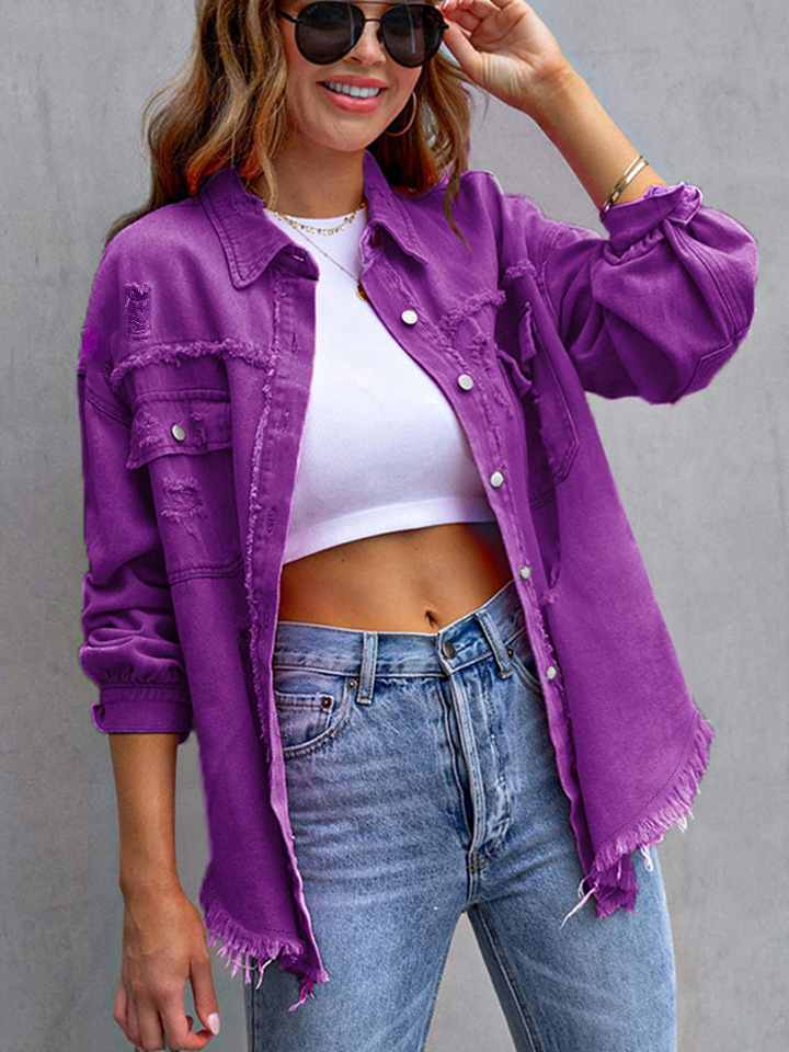 Women's Clothing Solid Color Mid Length Ripped Long Sleeved Denim Jacket_voghion.com