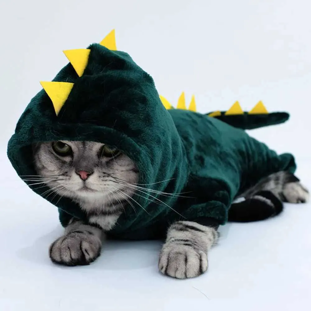 Felpe con cappuccio di dinosauro di Halloween Giacca calda per cani di piccola taglia Costume di Natale per gatti Vestiti per animali domestici per cuccioli Gattino Verde_voghion.com