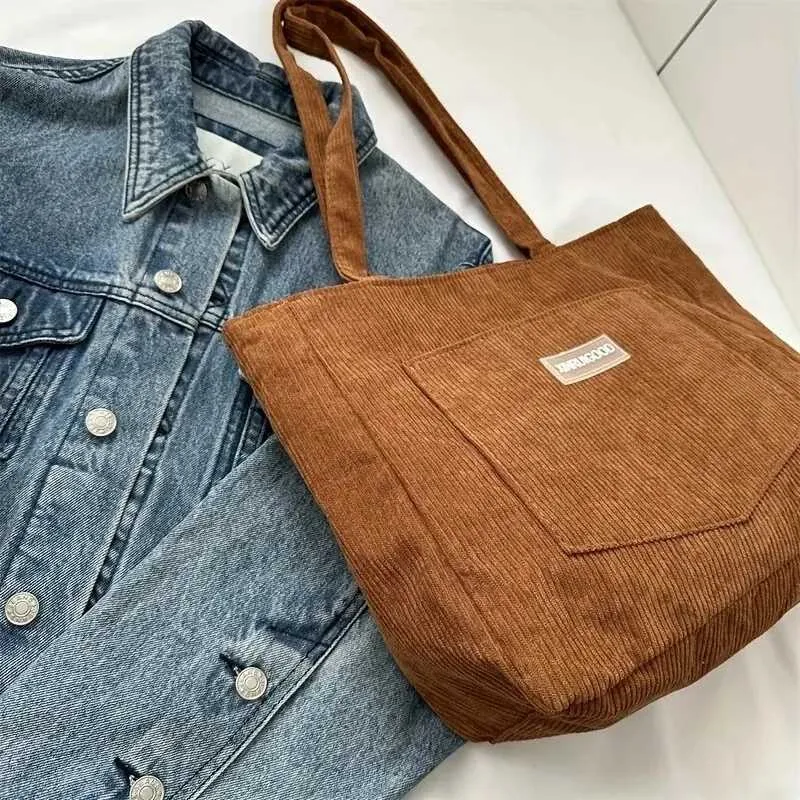 Borsa a tracolla di grande capacità, borsa da donna alla moda in velluto a coste tinta unita con tasca anteriore C241108_voghion.com
