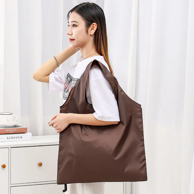 Solid Color Foldable Shopping Reusable Grocery Eco-Friendly Shoulder Handbag For Travel Supermarket Tote Bag_voghion.com