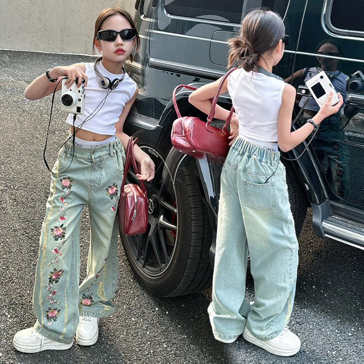 Blugi brodați pentru mame și copii, fete, pantaloni largi casual pentru copii mari, pantaloni drepți pentru fete_voghion.com