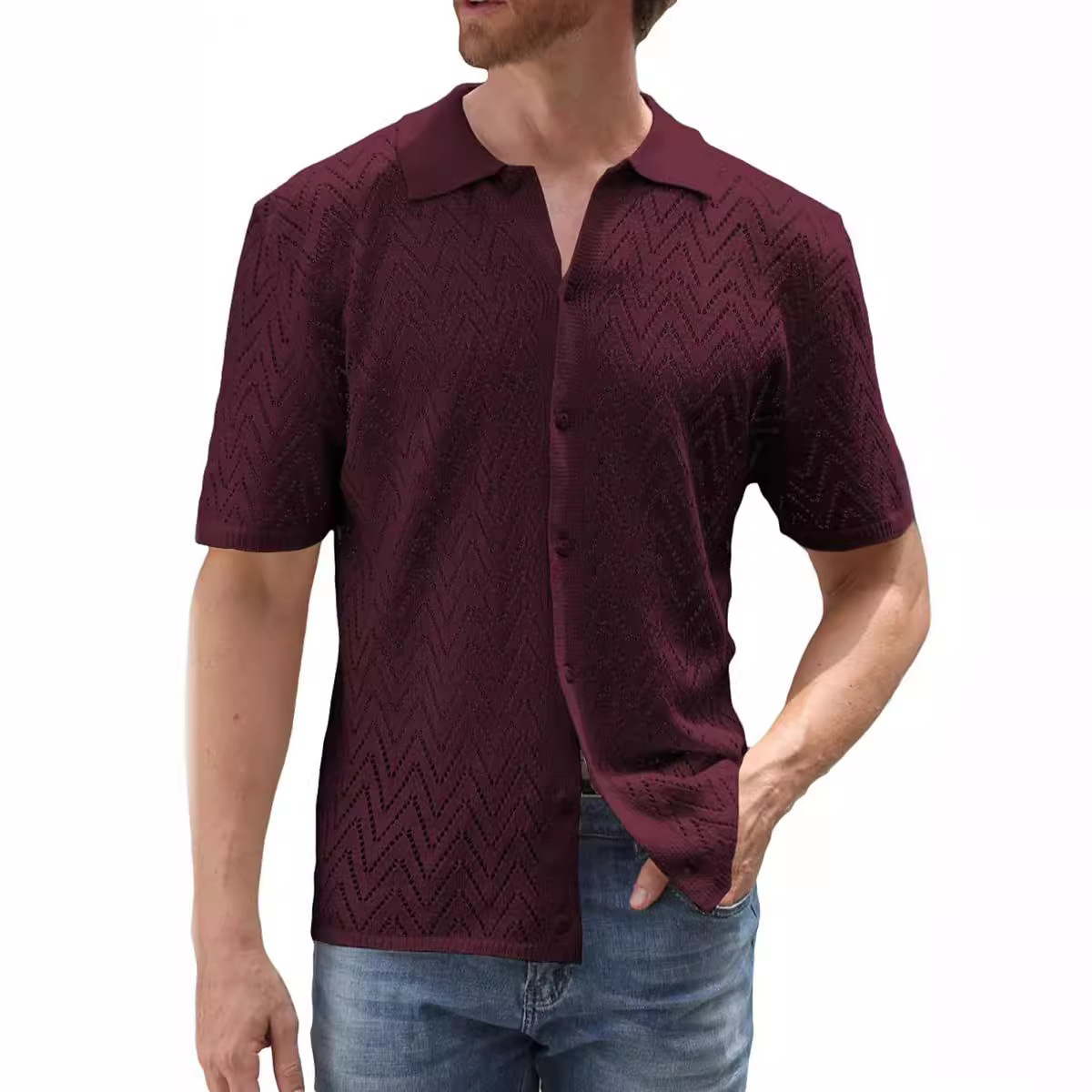 Ropa de hombre Camisa de punto informal para hombre Camisa de manga corta para hombre Cárdigan de color liso Tops calados Ropa de hombre_voghion.com