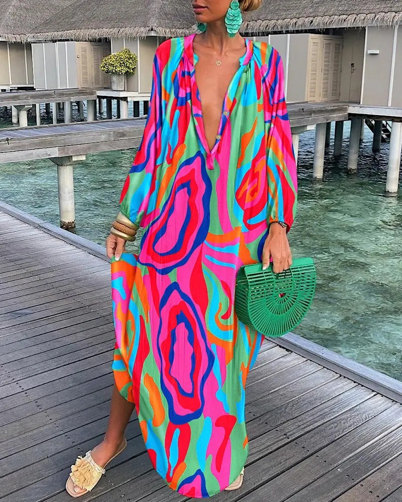 Vestito donna scollo a v maniche lunghe stampato per autunno sera_voghion.com