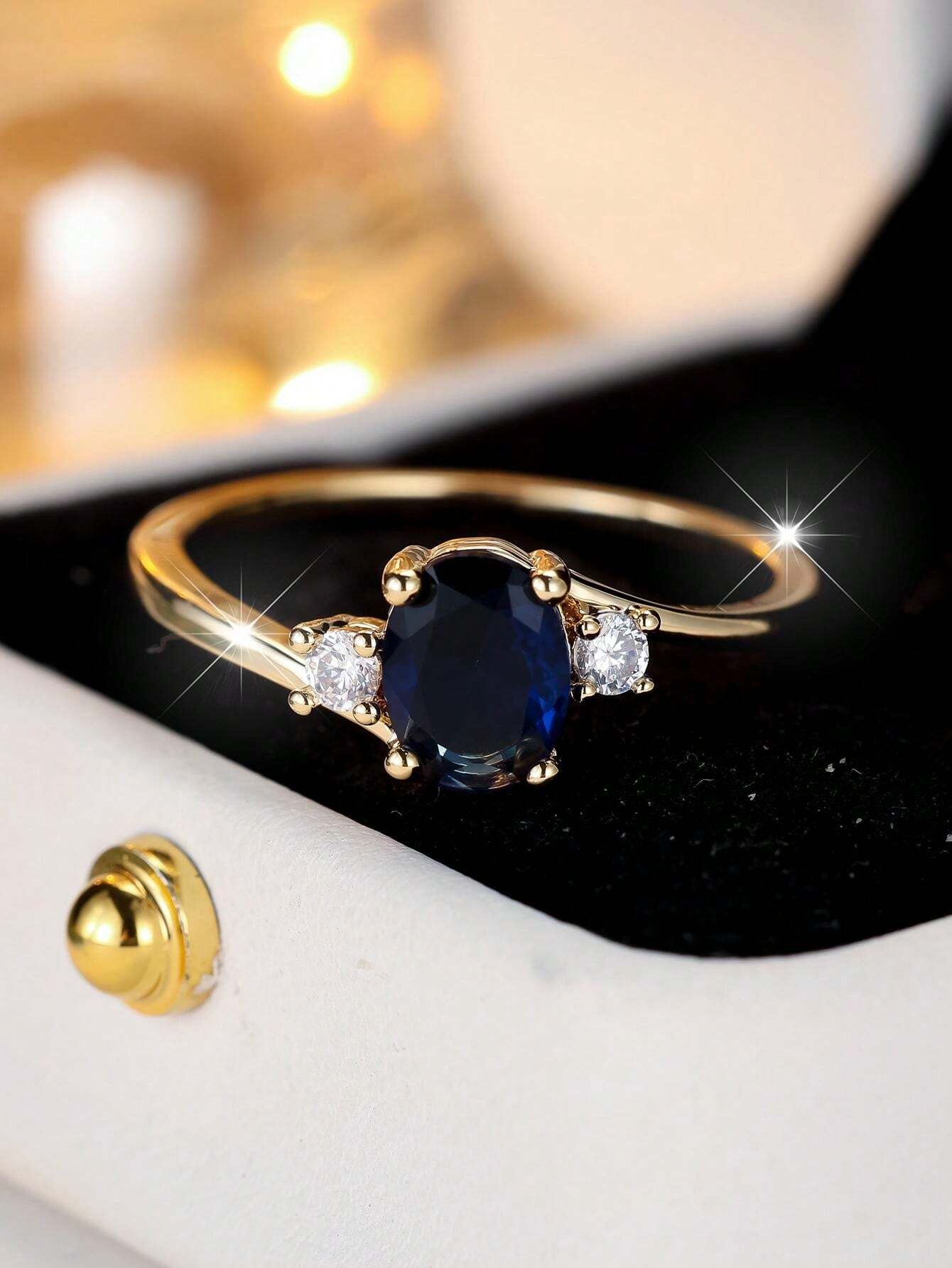Aurora Atelier 1pc Luxury Oval Sapphire Blue Cubic Zirconia Ring, Exquisite For Weddings, Parties, Holidays, Everyday Wear, Durable & Shiny Accessory_voghion.com