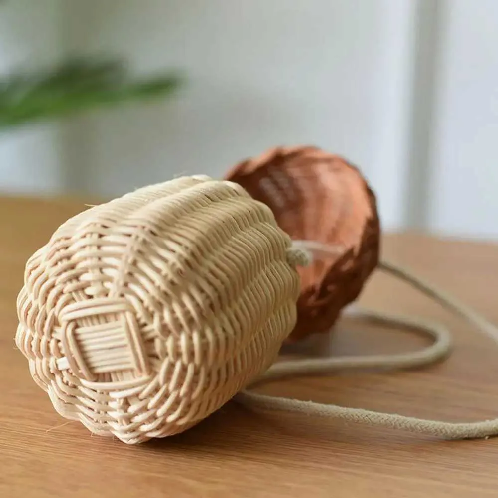 Acorn Shape Storage Basket Handwoven Round Rattan Bucket Trcal Beach Style Woven Shoulder Bag Photo PropsC241106_voghion.com