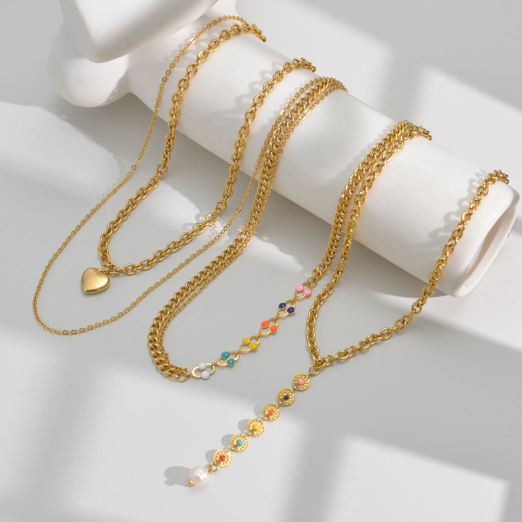 Chaînes Couleur Or Double Couche Chaîne Pendentif Coeur Collier Ras Du Cou Bijoux En Acier Inoxydable Haut De Gamme Fête D'anniversaire_voghion.com